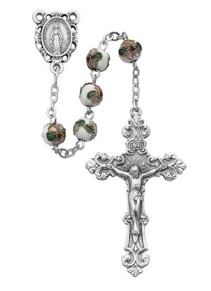 White Cloisonn? Rosary Boxed