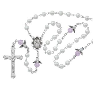 White Rosary with Angels Boxed