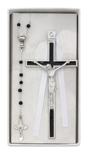 Black Crucifix and Communion Rosary Set Boxed
