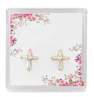 Gold Plate Zirconia Crystal Cross Earring Boxed