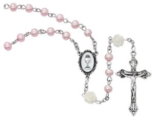 Pink Pearl Glass Communion Rosary Boxed