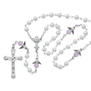 White Communion Rosary with Angels Boxed