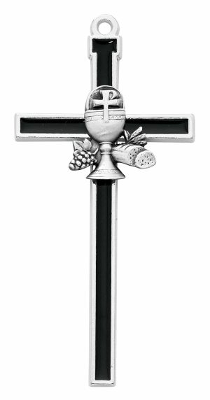 5" Black Epoxy Communion Cross with Holy Card Boxed