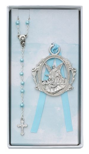 Angel Crib Medal and Blue Rosary Set Boxed