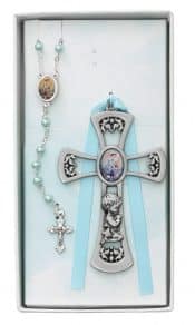 Crib Cross and Blue Rosary Set Boxed