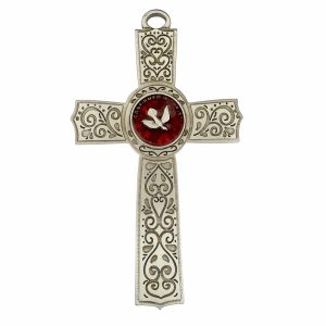6in Pewter and Red Cross with Holy Spirit Boxed
