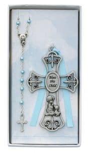Baby Boy and Puppy Crib Cross and Rosary Boxed