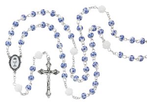 Blue Ceramic Communion Rosary with Flowers Boxed