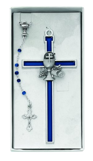 5in Blue Cross and Blue Rosary Set Boxed