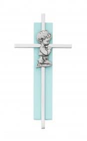 6in Blue Wood Praying Boy on Silver Cross Boxed
