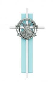6in Blue Wood Guardian Angel Silver Cross Boxed