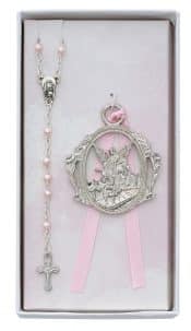 Angel Crib Medal and Pink Rosary Set Boxed