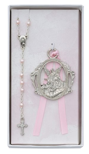 Angel Crib Medal and Pink Rosary Set Boxed
