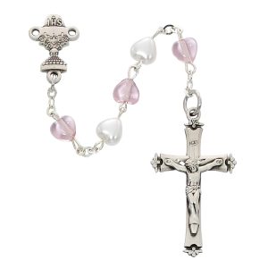 Pink and White Heart Communion Rosary Boxed