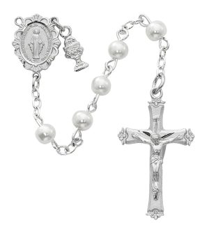 Imitation Pearl Communion Rosary Boxed