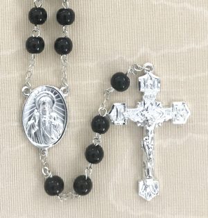 Black Glass Rosary Beads with Silver Plated Crucifix