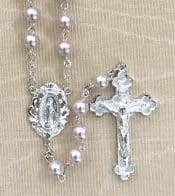 Round Pink Pearl Rosary Beads with Silver Plated Crucifix
