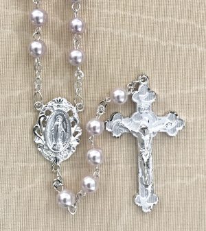 Round Pink Pearl Rosary Beads with Silver Plated Crucifix