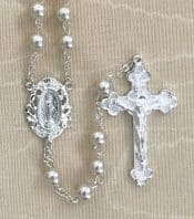 Round Pearl Rosary Beads with Silver Plated Crucifx
