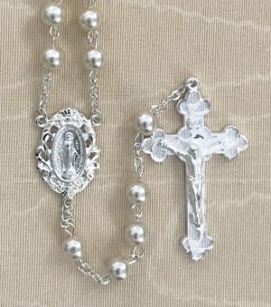 Round Pearl Rosary Beads with Silver Plated Crucifx