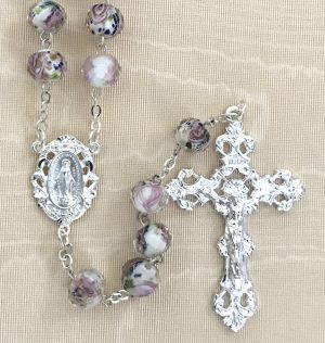 Hand Painted White Purple Rosary Beads