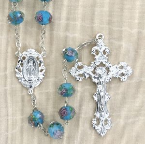Hand Painted Aqua Rosary Beads