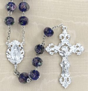Hand Painted Saphhire Rose Rosary Beads