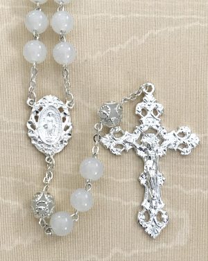 White Glass With Capped Our Father Rosary Beads
