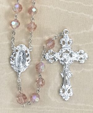 Tin Cut Pink Crystal Rosary Beads