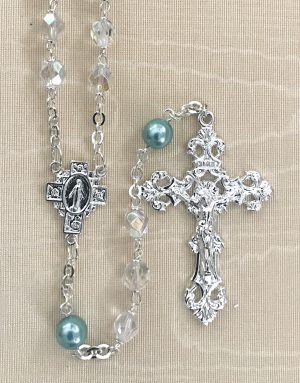 Aurora Borealis Aqua Pearl Our Father Rosary Beads