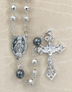 Rosebud Silver Pearl Our Father Rosary Beads