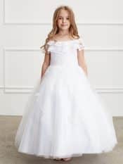 Double layer lace overlay off shoulder First Communion dress with lace applique skirt