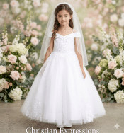 Off Shoulder Lace Applique Girls First Communion Dress