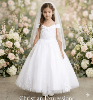 Off Shoulder Lace Applique Girls First Communion Dress