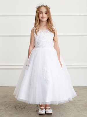 Illusion Neckline First Communion Dress with Lace Applique Bodice and Skirt