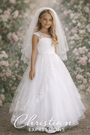 Beautiful satin First Communion Dress with Cap Sleeves