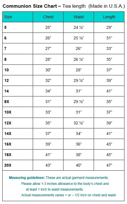 SP204 Communion Dress Size chart