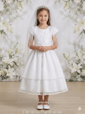 Embroidered Tulle First Communion Dress with Layered Skirt