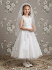 Satin A Line First Communion Dress with  Embroidered Overlay