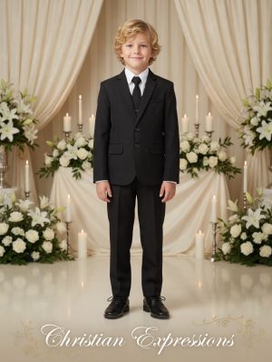 Boy's Slim Fit 5 Piece Black First Communion Suit