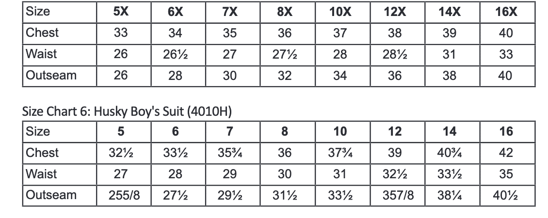 Boys Husky First Communion Suit Size Chart