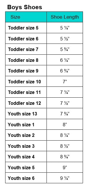 Boys Shoes SIze Chart