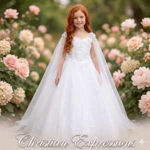 First Communion Gown With 3D Bodice and Detachable Cape