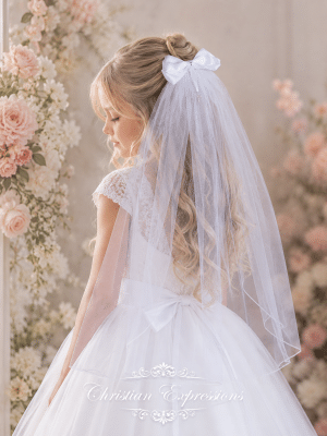 First Communion Veil with Satin Bow with Veil, Dangling Cross
