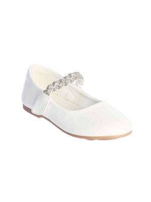 Matte Satin Flat First Communion Shoes with Braided Rhinestone Strap
