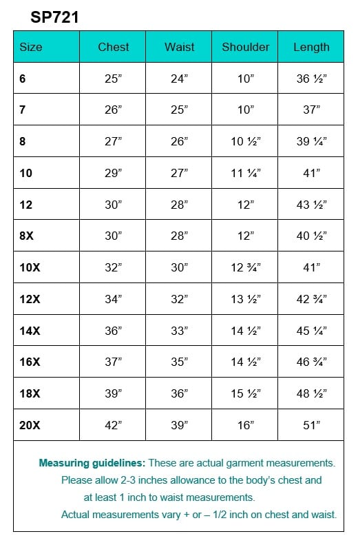 SP721 First Communion Dress SIze Chart