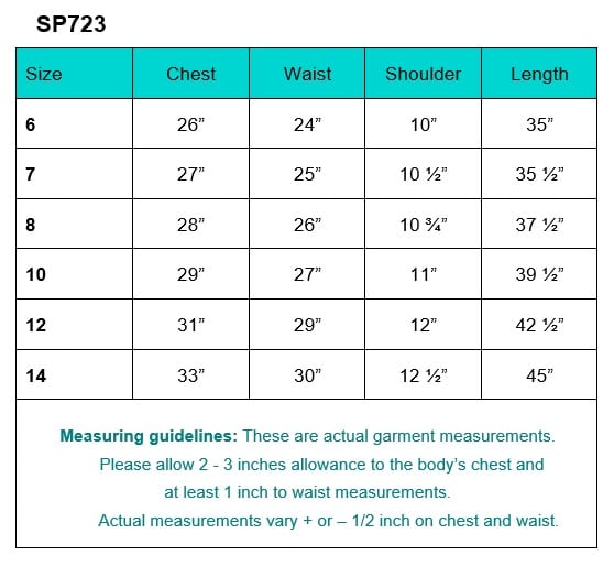 SP723 First Communion Dress Size Chart
