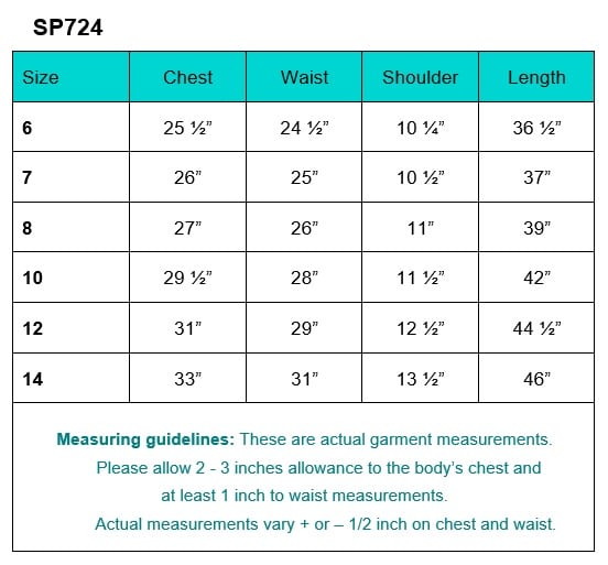 SP724 First Communion Dress Size Chart