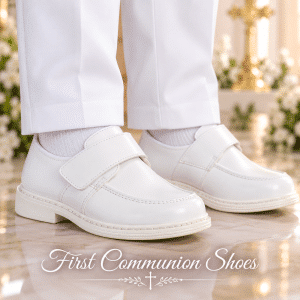 Boys White Matte First Communion Shoes with Velco Closure
