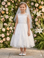 First Communion Dress Corded Embroidered tulle with sequins Rhinestone Waist